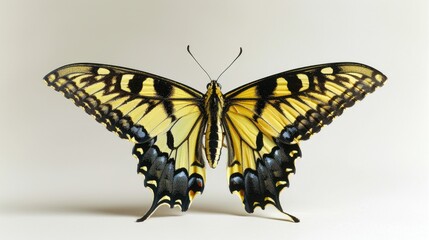 Poster - A yellow and black butterfly perched on a white background, ready to take flight