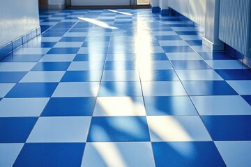 Poster - A blue and white checkered floor in a hallway, suitable for use as background or decoration