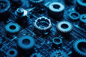 Poster - Close-up shot of gears on a computer motherboard, suitable for tech-related projects