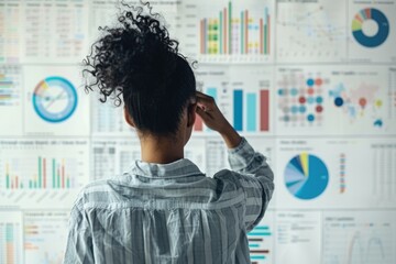 Aufkleber - A woman standing in front of a wall of graphs, possibly a data analyst or scientist