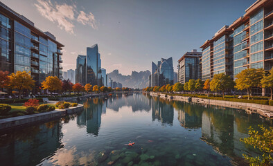 Poster - City with a river running through it. The river is surrounded by buildings and trees. The water is calm and clear