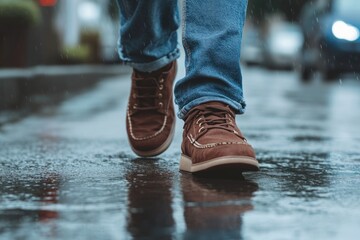 Poster - A person walking in the rain wearing brown shoes