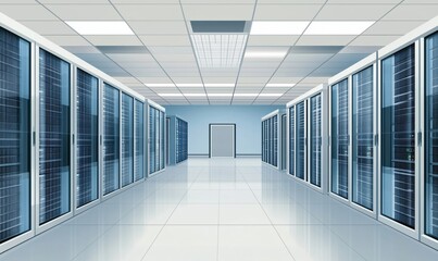 Poster - data center corridor with server racks, modern architecture, clean lines, bright lighting, organized
