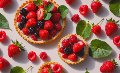 Poster - Plate of strawberries and raspberries is on a table. There are two small pies with strawberries and raspberries on top