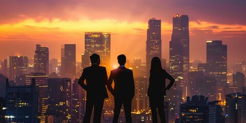 Aufkleber - Group of people standing on the rooftop, urban landscape view
