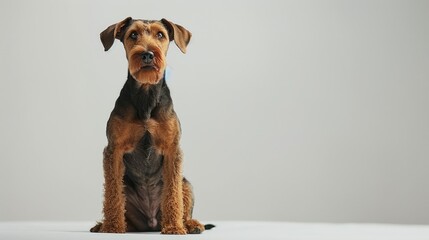 Wall Mural - A brown and black mixed breed dog sitting comfortably on a clean white surface, ready for attention