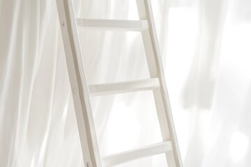Poster - A white ladder leans against a white curtain, with a simple and elegant design