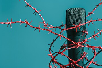 Poster - A close-up shot of a microphone surrounded by a bundle of red barbed wire, symbolizing isolation or silence