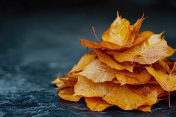 Poster - A stack of yellow fallen leaves sitting on a table, great for autumn or nature-themed projects