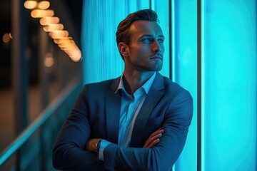 Aufkleber - A businessman standing against a wall, dressed in formal attire