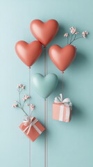 Poster - Elegant banner with heart shaped balloons and gift tags on light mint solid background Valentine's day vertical greeting card mockup for social media, minimal style, copy space, love wedding