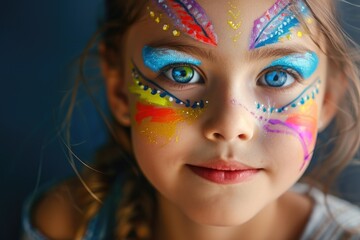 Aufkleber - A young girl with vibrant face painting, suitable for various themes and celebrations