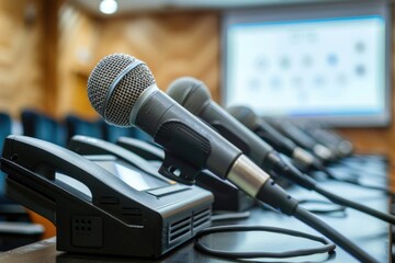 Poster - A collection of microphones placed on a table, ideal for use in music studios or live events