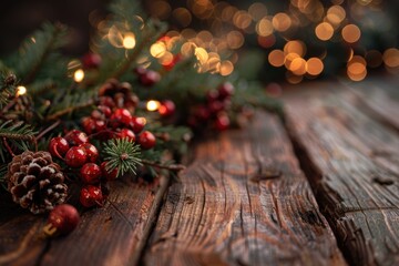 Poster - A wooden table decorated with pine cones and red berries for a rustic and festive look