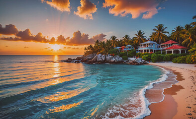 Poster - Beautiful beach with a blue ocean and a sunset in the background. The beach is lined with palm trees