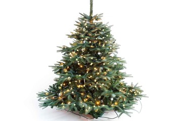 Poster - A Christmas tree lit up with colorful lights against a clean white background, perfect for holiday promotions and winter-themed designs