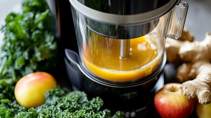 Aufkleber - A juicer processes a blend of fresh apples, kale, and ginger, creating a bright orange juice. Surrounding ingredients add freshness to the kitchen counter during a healthy cooking session.