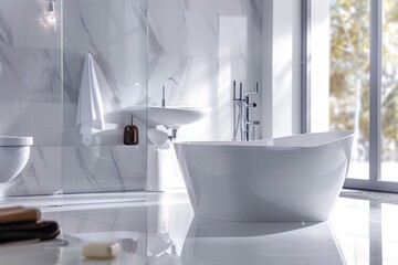 Aufkleber - A white bath tub sits next to a window in a bathroom