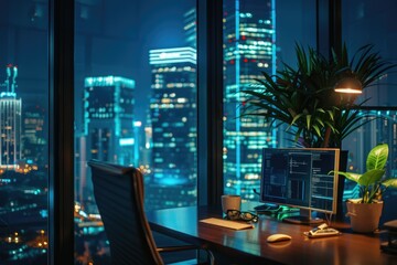 Poster - A modern office desk with a computer and a small potted plant