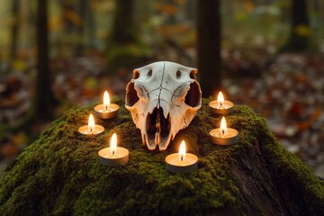 Poster - A close-up shot of a deer skull with candles lit around it, perfect for use as a symbol of remembrance or a mysterious atmosphere
