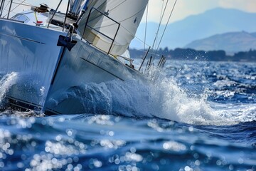 Poster - A sailboat glides through calm waters of the open ocean, perfect for a peaceful day on the sea