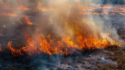 Aufkleber - A fire burning in an open field with grass and wildflowers surrounding it