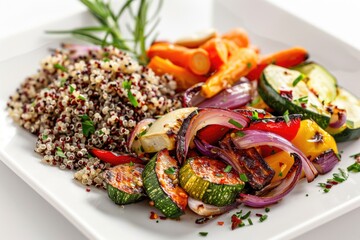 Poster - A simple meal of mixed vegetables and cooked rice on a white plate