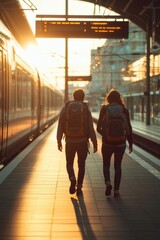 Poster - Couple waiting to board a train at a station, possibly departing or arriving