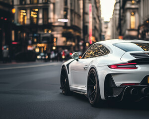 White sports car parked on a city street