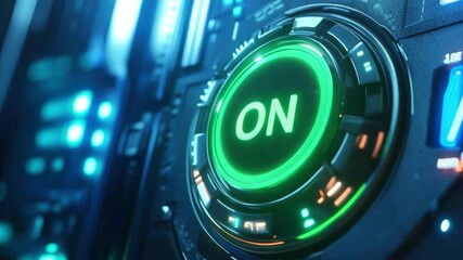 Poster - Illuminated ON button activates high-tech interface in abstract digital environment