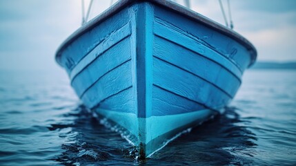 Poster - A blue boat sitting calmly in the middle of a body of water, perfect for summer scenes or water-inspired designs