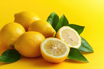Poster - Fresh lemons and leaves on a bright yellow background, perfect for food, health or nature related uses