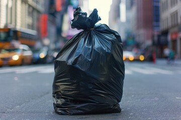 Poster - A black trash bag sitting on the side of a street, perfect for use in urban or environmental scenes