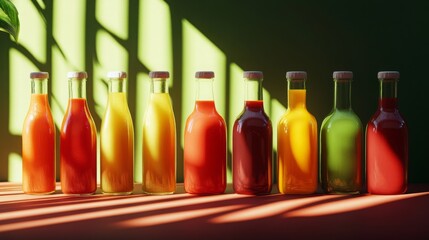 Aufkleber - A collection of vivid juice bottles sits neatly on a table, showcasing a variety of flavors.