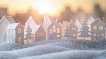 Poster - Delicate paper-cut houses and trees create a Christmas village, set against a softly lit winter backdrop, evoking holiday warmth and nostalgia. Generative AI