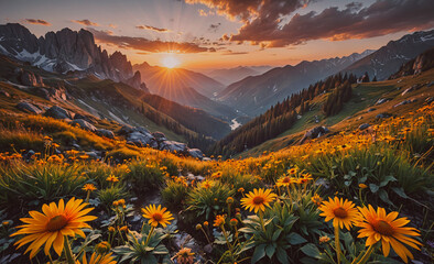Fototapete - Field of yellow flowers with a mountain in the background. The sun is setting in the distance