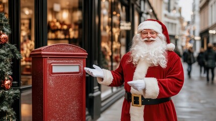 Wall Mural - Santa Claus smiles joyfully while gesturing towards an open letterbox in a vibrant city street decorated for Christmas festivities