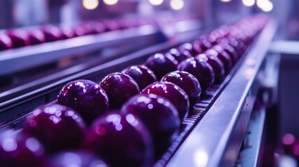 Poster - A long conveyor belt filled with shiny purple fruits indicates the process of juice making in a busy factory.