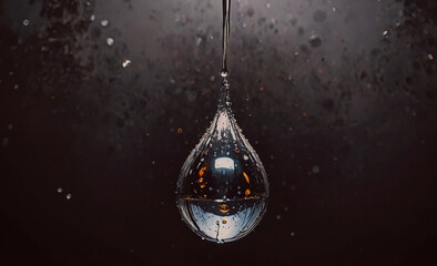 Poster - Drop of water is hanging from a faucet. The water is clear and has a small reflection of the faucet