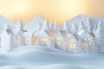 Poster - A charming Christmas village made of paper cutouts sits on a snowy landscape, featuring warm glowing windows and surrounding trees. Generative AI