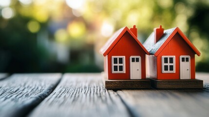 Poster - Two small red house models are positioned closely on a wooden surface. The background features a soft focus of greenery, suggesting a serene outdoor setting. The sunlight creates a warm atmosphere.