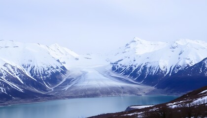 The image depicts a snowy mountain range in a natural landscape