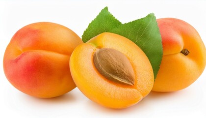 Wall Mural - apricot fruits with green leaves isolated on a white background Clipping Path