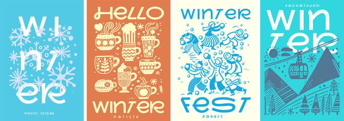 a creative winter poster set with retro-inspired illustrations, featuring snowflakes, cozy mugs, fes