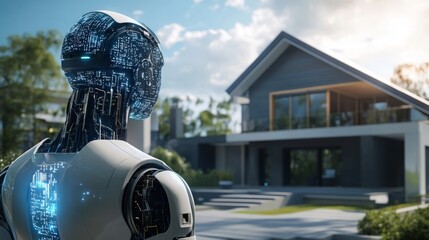 Aufkleber - A humanoid robot stands outdoors, looking towards a contemporary home basking in daylight.