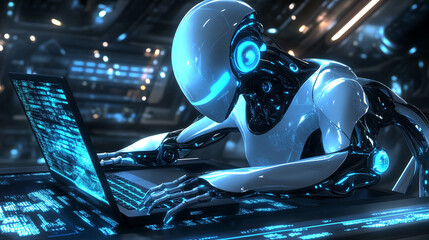 Futuristic Robot Coding on Laptop  Digital Technology    Cyberspace  Sci fi