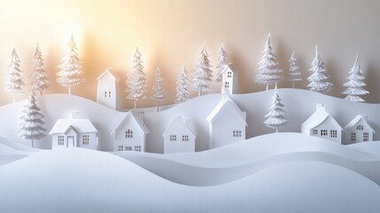 Leinwandbilder - A beautiful paper-cut Christmas village appears against a soft light, featuring charming houses and trees set on a snowy landscape for the holidays. Generative AI