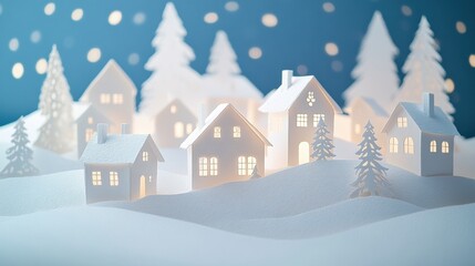 Wall Mural - A charming paper-cut Christmas village showcases intricately designed houses surrounded by a soft, snowy landscape and twinkling lights. Generative AI