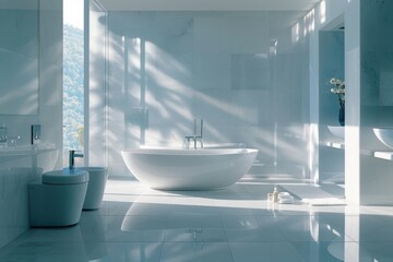 Poster - A simple white bathtub sits beside a standard sink in a modern bathroom