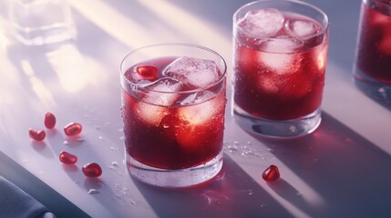 Aufkleber - Refreshing juice drinks filled with ice and pomegranate seeds are beautifully displayed on a table. The sunlit moment captures the vibrant colors and textures, inviting enjoyment and relaxation.